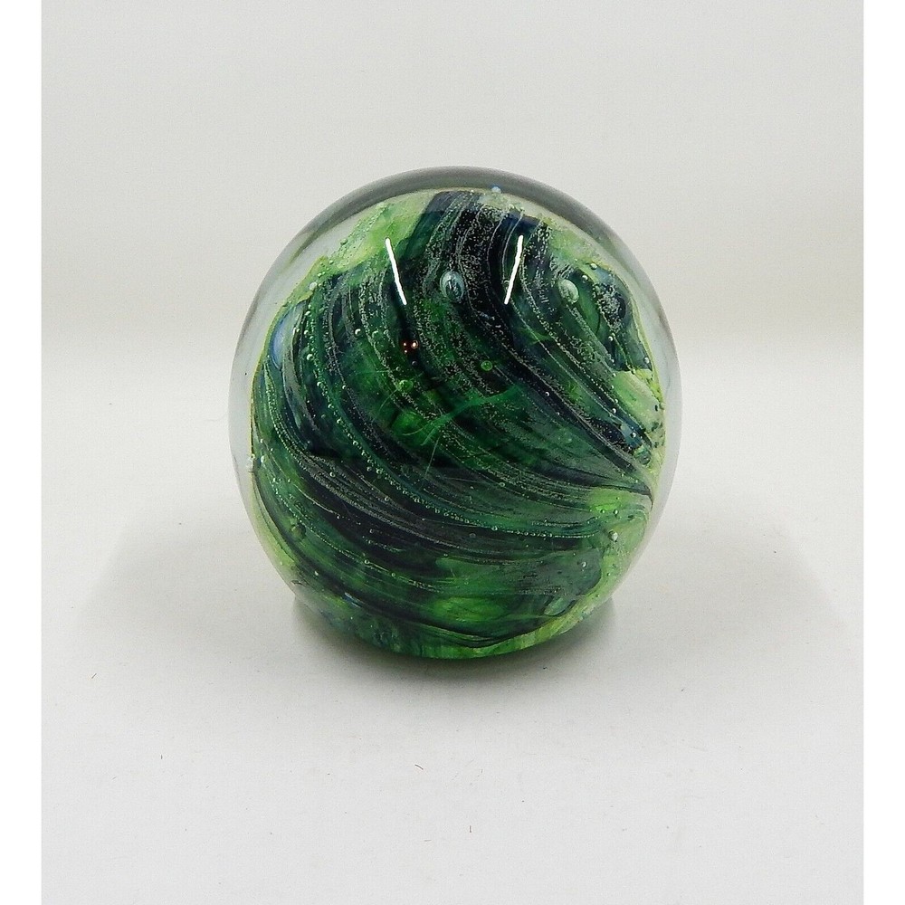 Kerry Art Glass Green Swirl Varying Shades Bubble Paperweight Ireland 3 1/2 In